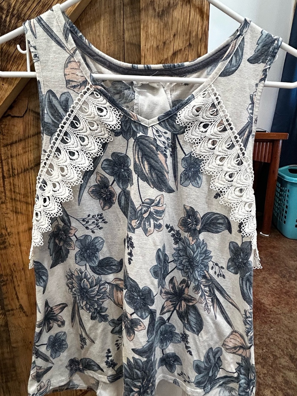 Maurices White and Blue Floral Lace-Trim Tank Top